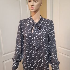LOFT Charcoal Gray Tie-Neck Blouse with White Heart Print Pre-owned